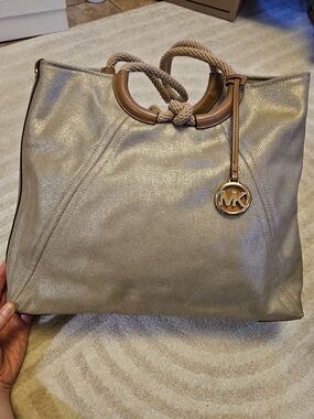 Michael Kors Gold Metallic Tote Rope Handle Leather Trim Large Bag